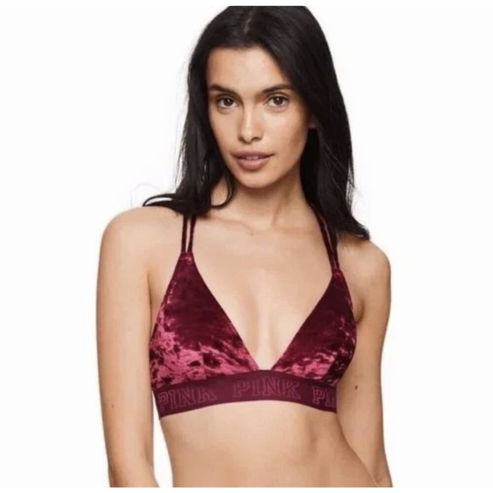 PINK Victoria's Secret Red Crushed Velvet Unlined Bralette Size L
